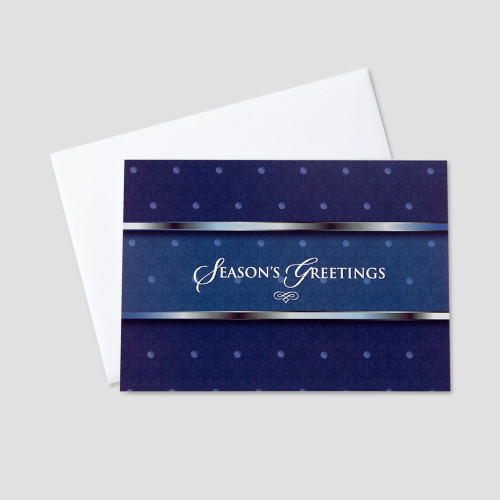 Professional Holiday greeting card with a season's greetings message bordered in silver color against a royal blue background with snowflake designs