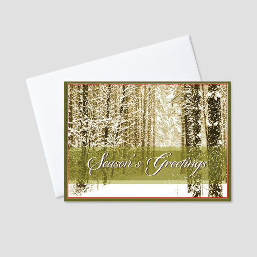 Holiday greeting card featuring a rustic snowy winter scene and a season's greetings message bordered by red and green stripes