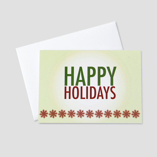 Business Holiday greeting card with red snowflakes and happy holidays message on a green background