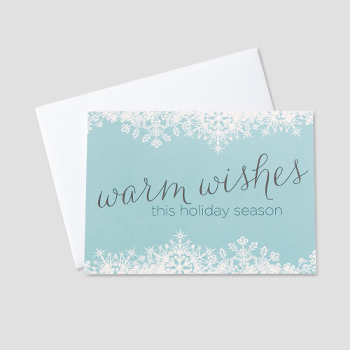 Company Holiday greeting card with a warm wishes message and snowflakes design on a light blue background