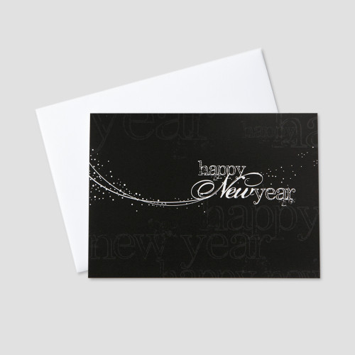 Professional New Year greeting card with a black background and white colored New Year message woth whisps of white designs