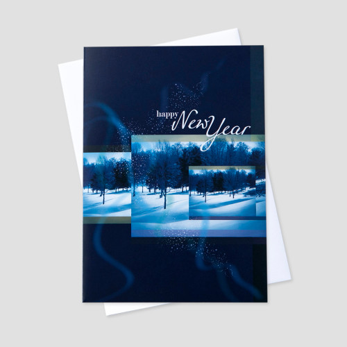 Customer New Year greeting card with a navy blue background and multiple snowy scene images and accompanying blue swirl designs