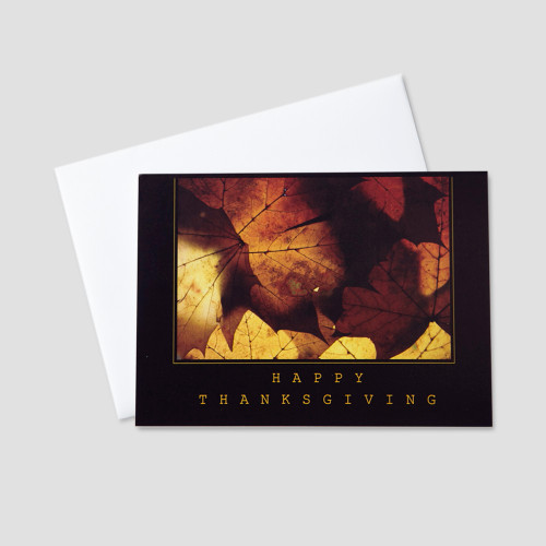 Professional Thanksgiving greeting card with a black background and fall colored leaves above a block font Happy Thanksgiving message