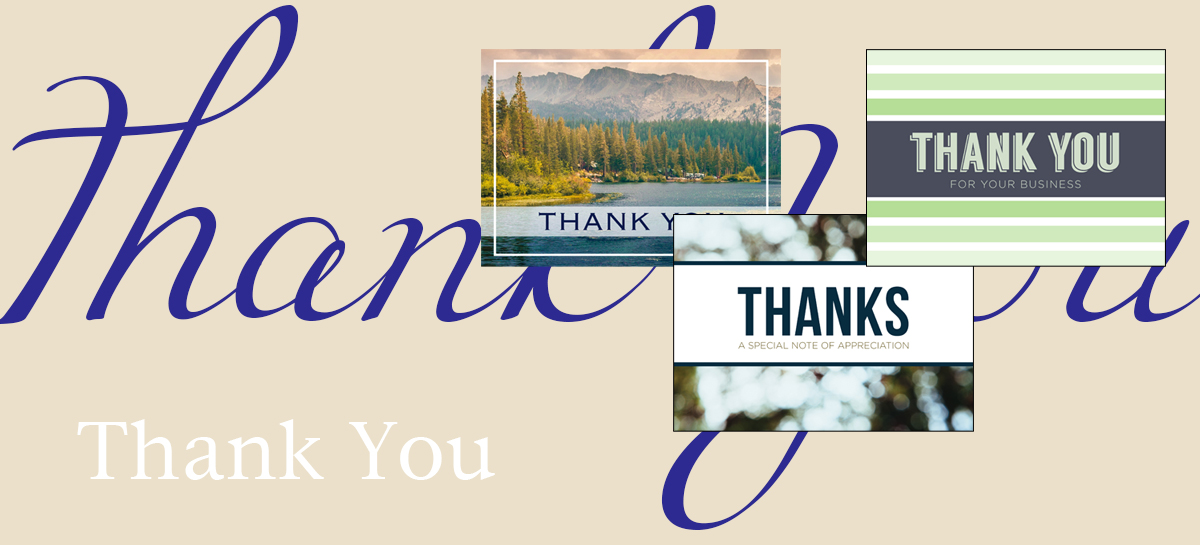 Thank you banner featuring three best-selling greeting cards