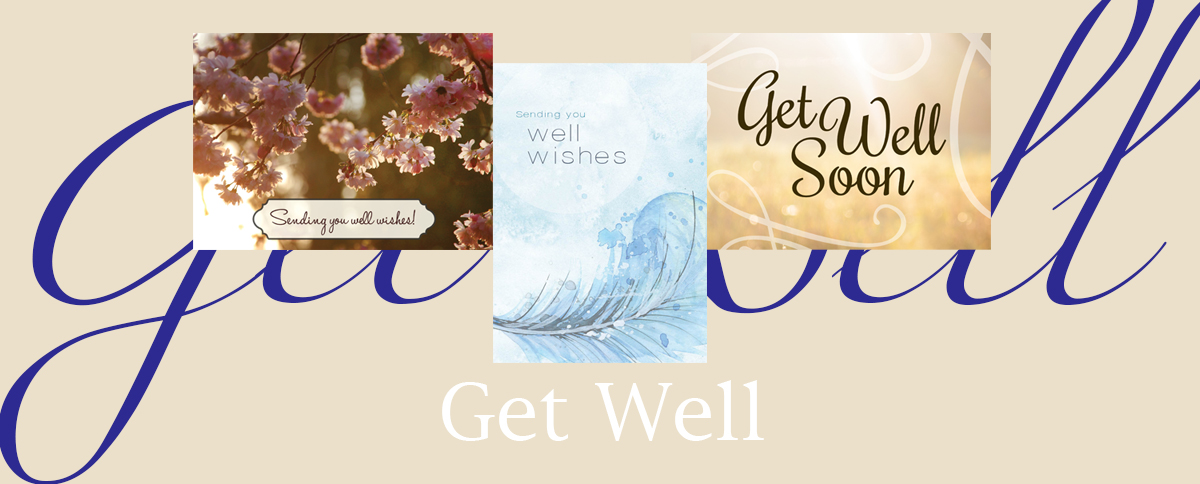 Get Well banner featuring three top-selling get well greeting cards