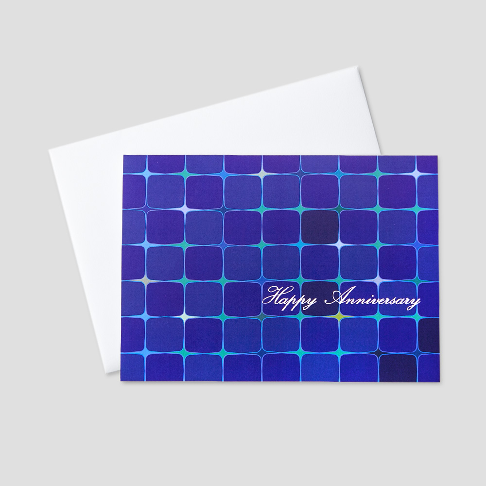 Professional Anniversary greeting card featuring Happy Anniversary on a tiled blue and green design