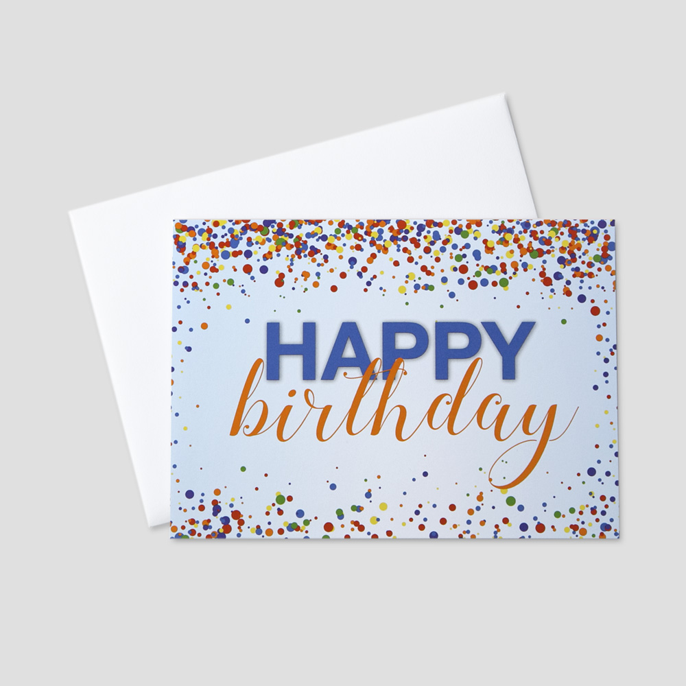 Business Birthday greeting card featuring colorful confetti surrounding a birthday message on a blue background