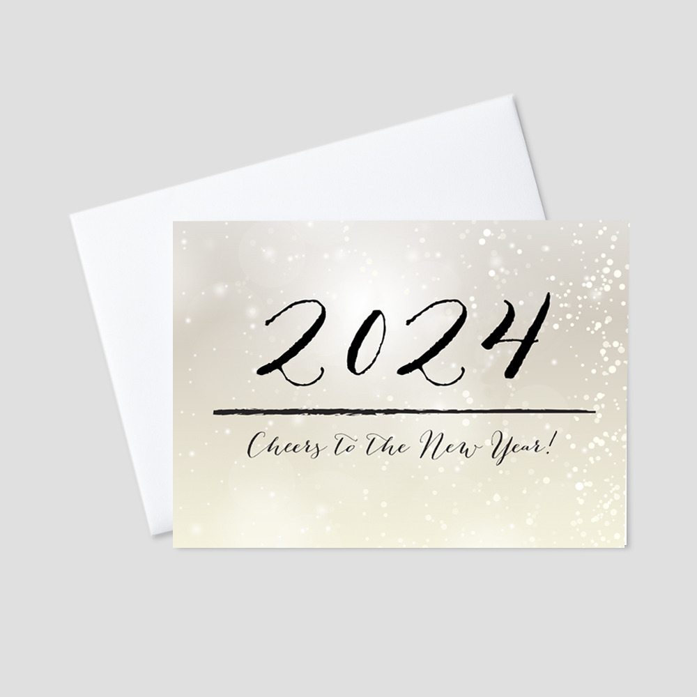 Business New Year greeting card featuring a 2024 new year message on a bubbly golden background