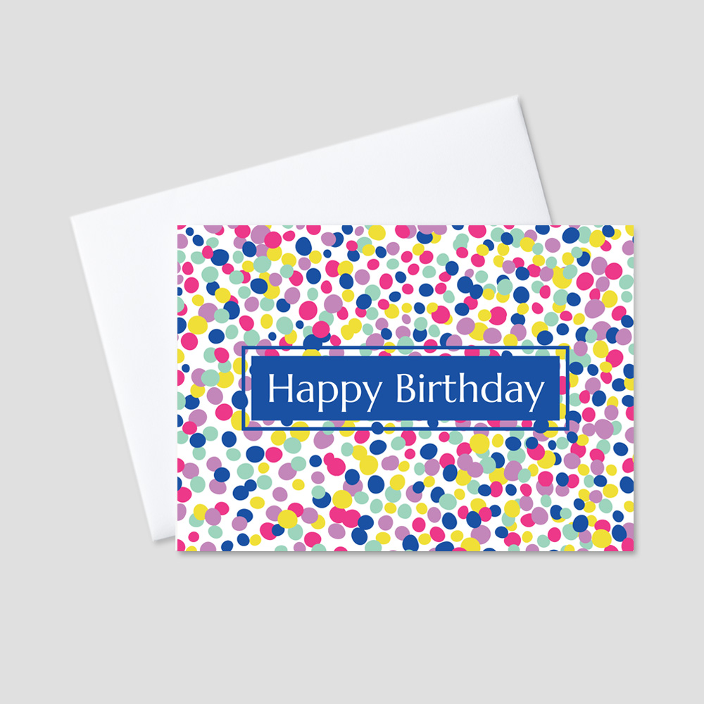 Business Birthday Greeting card featuring a Happy Birthday message standing out from a royal blue background amidst a picture of brightly colored pastel dotted confetti