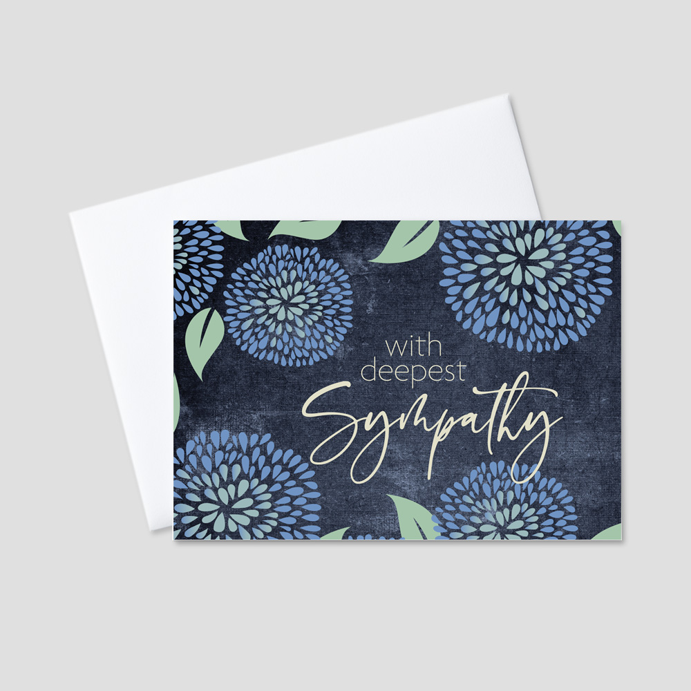 Business Sympathy Greeting Card featuring a with deepest sympathy message on a subtle navy blue background and graphic floral and leaf designs