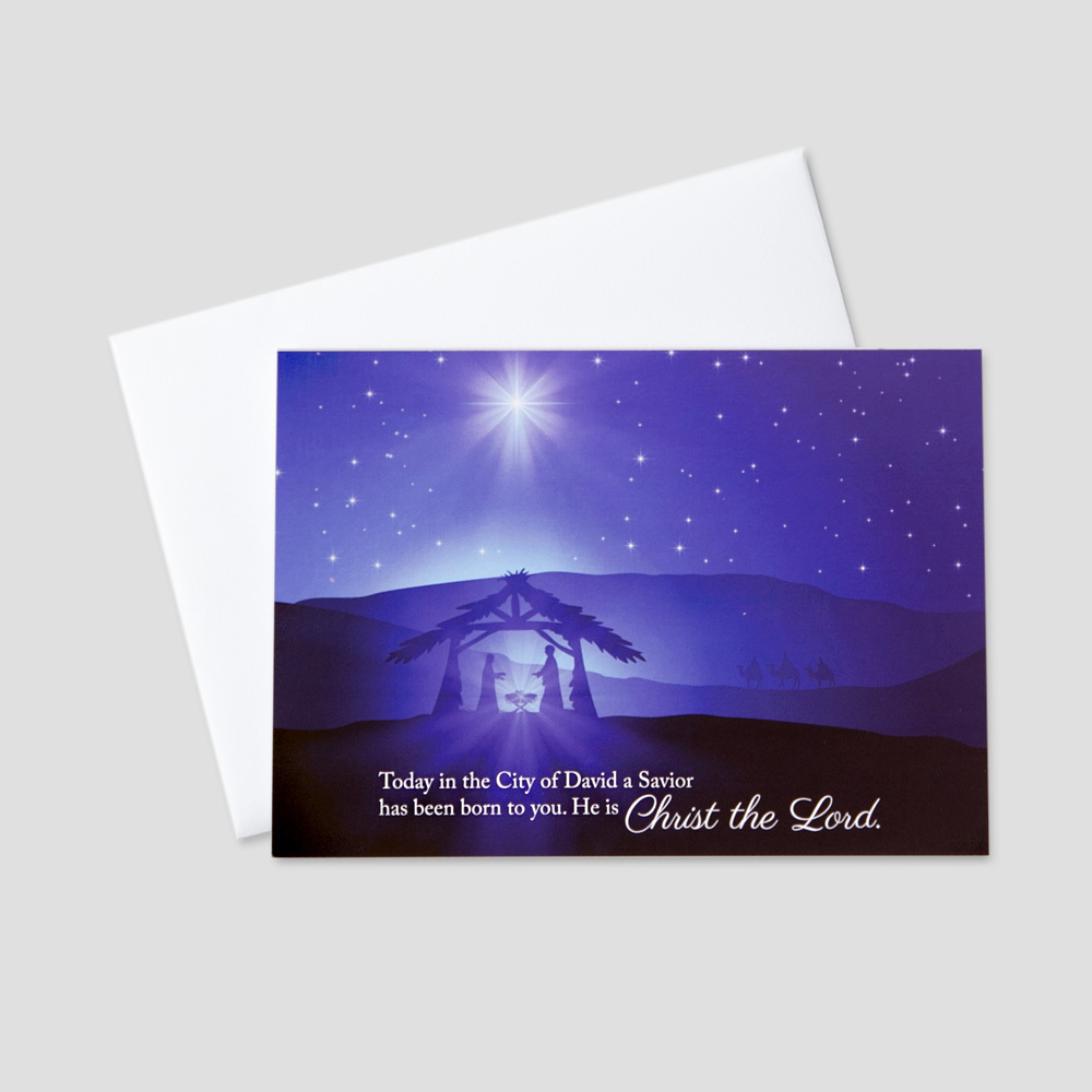 Business Christmas greeting card featuring a nativity scene with a biblical Christmas message
