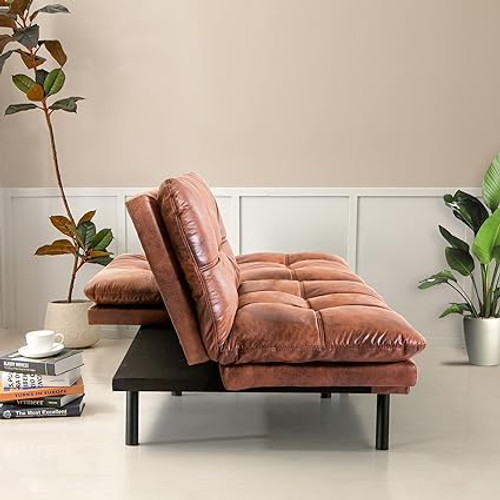 Opoiar Mid-Century Modern Brown Leather Convertible Sectional Loveseat Sofa