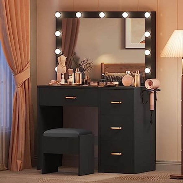 DWVO Makeup Vanity Table, Vanity Desk Set with Large Mirror, LED Lights with Adjustable Brightness DWVO Makeup Vanity Table, Vanity Desk Set with Large Mirror, LED Lights with Adjustable Brightness