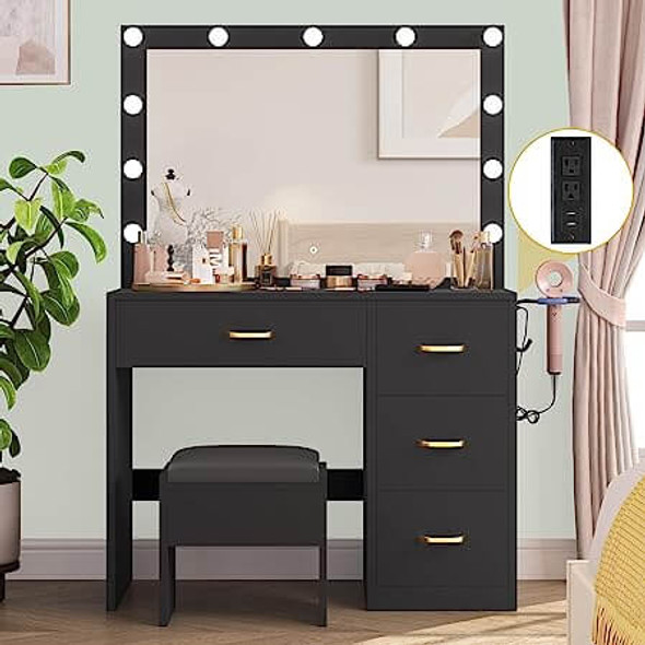 DWVO Makeup Vanity Table, Vanity Desk Set with Large Mirror, LED Lights with Adjustable Brightness DWVO Makeup Vanity Table, Vanity Desk Set with Large Mirror, LED Lights with Adjustable Brightness