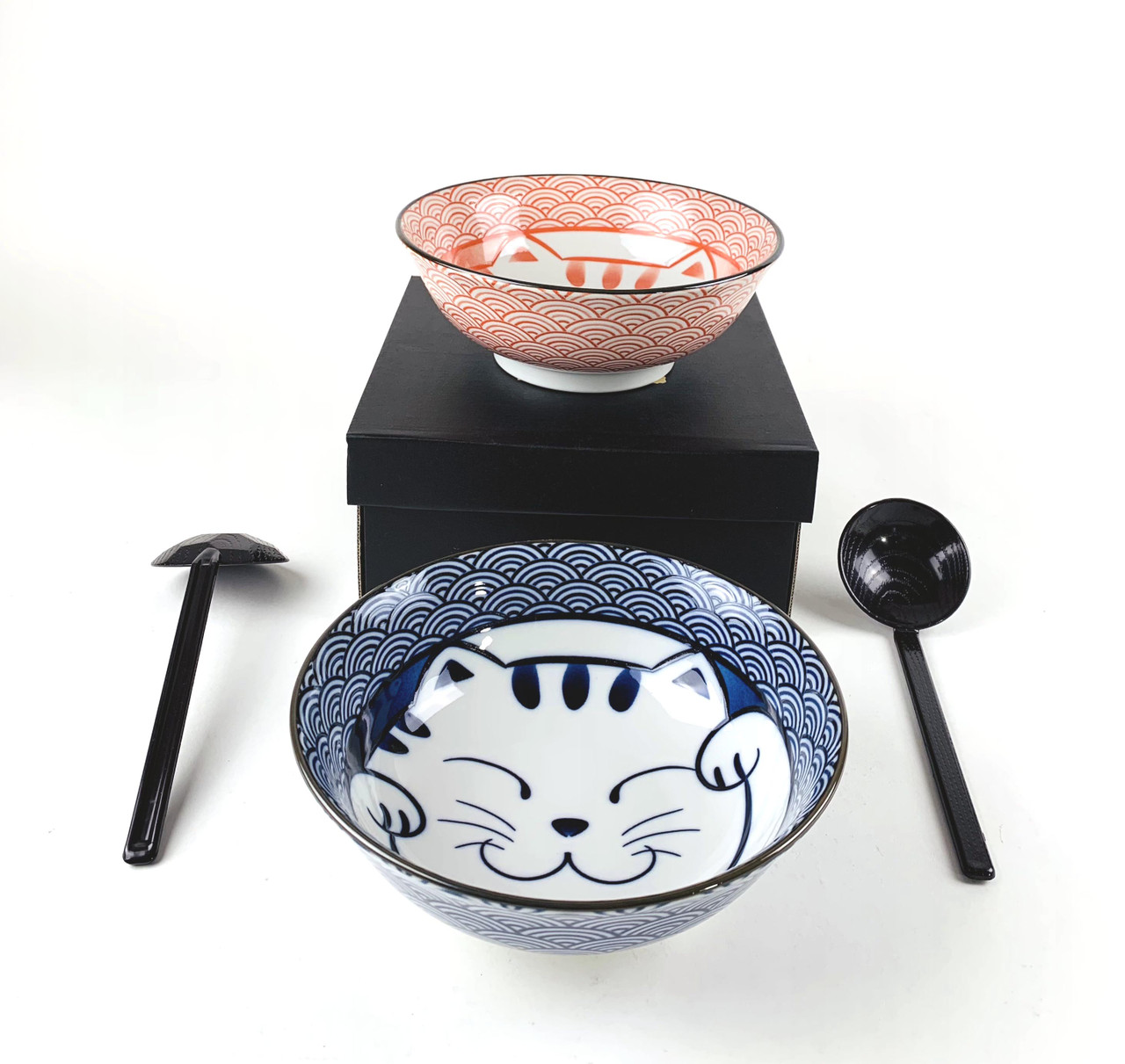 JapanBargain Set Of 2 Japanese Porcelain Bowls - 7.5 Inch Ramen Noodle Soup Bowl With Maneki Neko Lucky Cat Pattern, Blue, Made In Japan