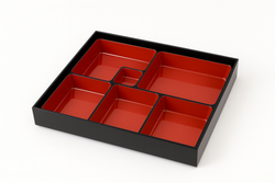Japanese Lacquered Bento Box Set – 6 Compartments, Red & Black, Tray and Plate, Made in Japan, 11.75"x9.5"