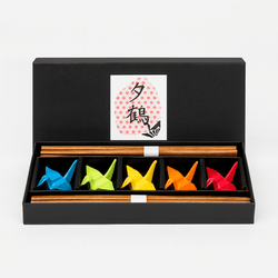 5 Pair Bamboo Chopsticks with Porcelain Crane Chopstick Rest – Gift Set in Box