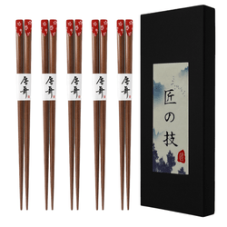5 Pair Bamboo Chopsticks Set – 9 Inch Reusable Japanese Style Red Sakura Wood Chopsticks, Gift Boxed, Dishwasher Safe