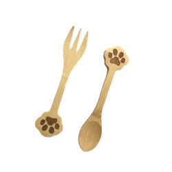 Set of 2 Doggy Paw Themed Bamboo Spoon and Fork Set for Kids | Appetizer Fruit Dessert Ice Cream Yogurt Spice Salt Sugar Spoon and Fork