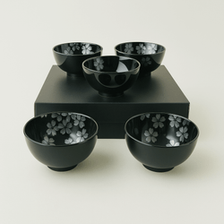 Japanese Porcelain Rice Bowl Gift Set – 5pc Sakura Black & Silver, Made in Japan Japanese Porcelain Rice Bowl Gift Set – 5pc Sakura Black & Silver, Made in Japan