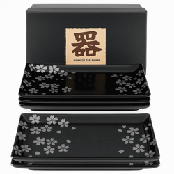 JapanBargain Porcelain Sushi Plate Gift Set – 5pc Mino-Yaki, Black & Silver Sakura, Made in Japan