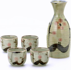 Japanese Plum Porcelain Sake Set Bottle Cups Made in Japan Green 8.5 oz