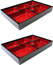 2 Pack Red and Black Japanese Traditional Plastic Lacquered Lunch Bento Box 6 Compartments for Restaurant or Home Tray and Plate Set Made in Japan 11.75x9.5 inch 2 Pack Red and Black Japanese Traditional Plastic Lacquered Lunch Bento Box 6 Compartments for Restaurant or Home Tray and Plate Set Made in Japan 11.75x9.5 inch