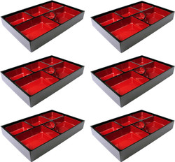 6 Pack Red and Black Japanese Traditional Plastic Lacquered Lunch Bento Box 6 Compartments for Restaurant or Home Tray and Plate Set Made in Japan 11.75x9.5 inch