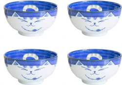 4 Pack Blue Porcelain Bowls Soup Bowl Maneki Neko Smiling Cat Pattern 18 fl.oz. 5-inch Made in Japan 4 Pack Blue Porcelain Bowls Soup Bowl Maneki Neko Smiling Cat Pattern 18 fl.oz. 5-inch Made in Japan