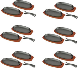 6 set Sizzling Steak Plate Set with Wooden Base Cast Iron Fajita Skillet Server Plate for Induction Cookware