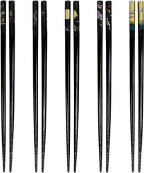2 Pack of 5-Pair Black Bamboo Chopsticks Set with Traditional Japanese Crane Moon Sakura Design Reusable Wooden Chop Sticks Dishwasher Safe 9 Inch