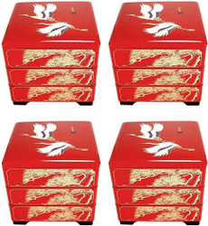 4 Pack Plastic Lacquered Red Crane Jubako Box Japanese Traditional 3 Tiers Stack Box Food Container Bento Box Made in Japan