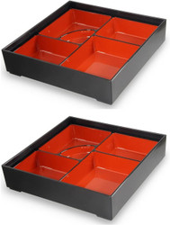 2 Pack Plastic Lacquer 5 Compartmet Black Red Bento Box Made in Japan 9.5 inch