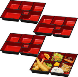 4 Pack Plastic Bento Box Lacquered 6 Compartment 11.75x9.5 inch