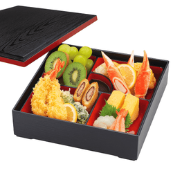 Japanese Bento Box with Lid – 5-Compartment Red & Black Plastic Lacquered Lunch Box, 3-Piece Set, Made in Japan, 9.5" Japanese Bento Box with Lid – 5-Compartment Red & Black Plastic Lacquered Lunch Box, 3-Piece Set, Made in Japan, 9.5"