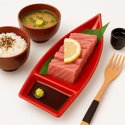 Japanese Restaurant Sushi Boat Party Tray – Two Tone Red and Black Melamine, Sashimi Maki Roll Serving Dish Tray (10" x 4.5") Japanese Restaurant Sushi Boat Party Tray – Two Tone Red and Black Melamine, Sashimi Maki Roll Serving Dish Tray (10" x 4.5")