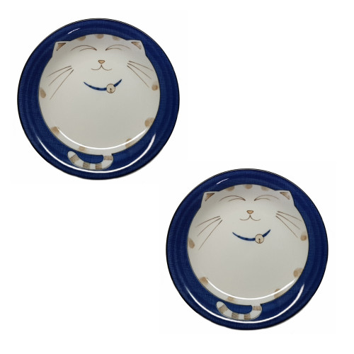 Set of 2 Japanese Round Porcelain Dinner Plate for Appetizer Dessert Cake Snack Maneki Neko Smiling Lucky Cat Pattern for Cat Lovers Made in Japan, Dish 7.75-inch, Blue