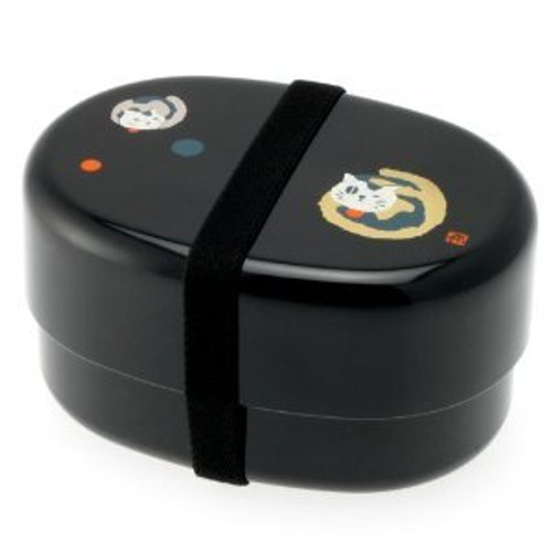 Japanese Black/Gold Curled Cat 2-Tiered Bento Box