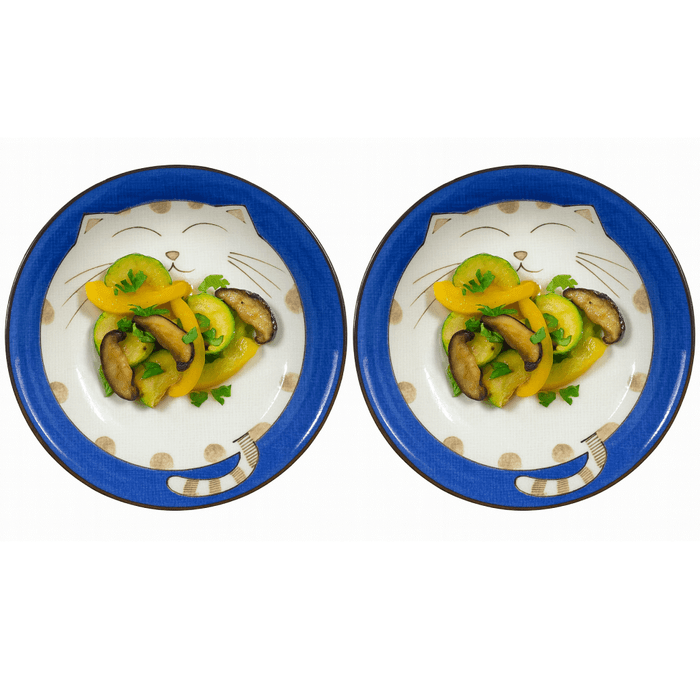 Japanese Porcelain Dinner Plates – Blue Maneki Neko Lucky Cat Pattern, 7.75", Made in Japan (Set of 2 or 4)
