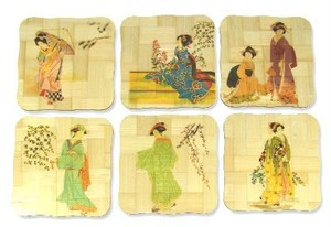 Set of 6 Geisha Bamboo Coasters