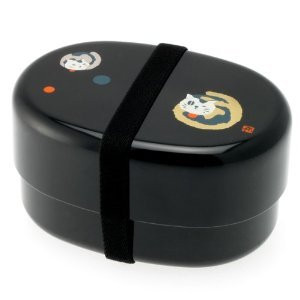Japanese Black/Gold Curled Cat 2-Tiered Bento Box