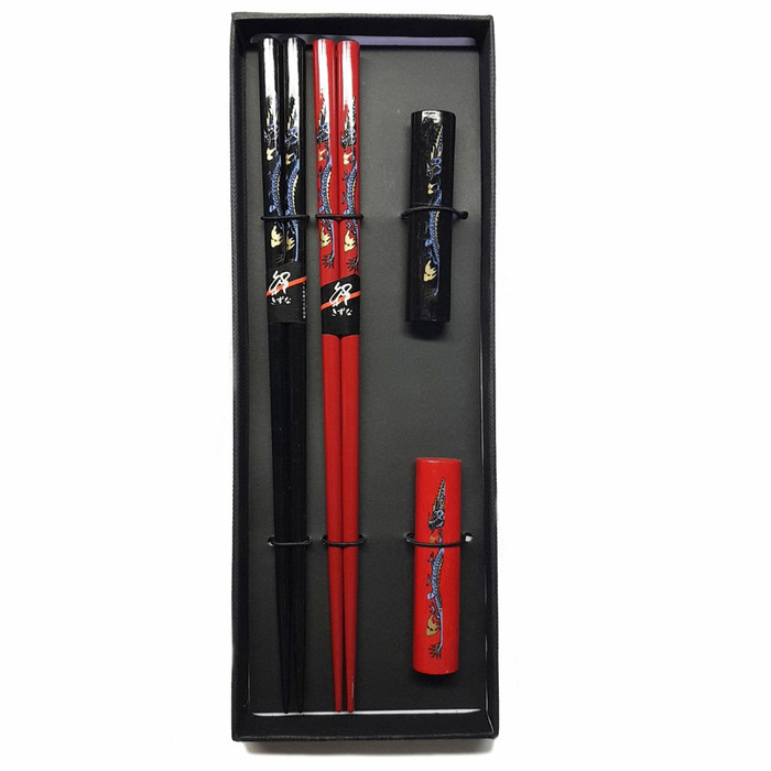 Dragon Print Bamboo Chopsticks w/ Rest Gift Set