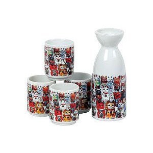 Japanese Porcelain Sake Set Maneki Neko Family