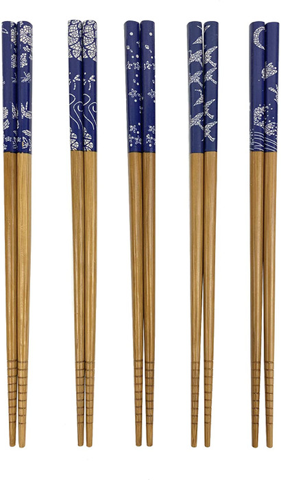 Bamboo Chopsticks Reusable Japanese Chinese Korean Wood Chop Sticks Hair Sticks 5 Pair Gift Set Dishwasher Safe, 9 inch (1, Blue Print)