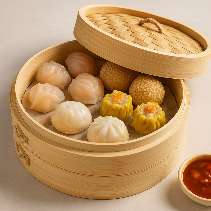 8-Inch Bamboo Steamer Set with Two Baskets and Lid