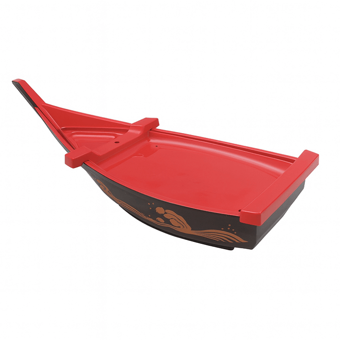 Japanese Sushi Boat Serving Tray – 13.75" Plastic Lacquered Black and Red Sashimi Plate with Great Wave Design