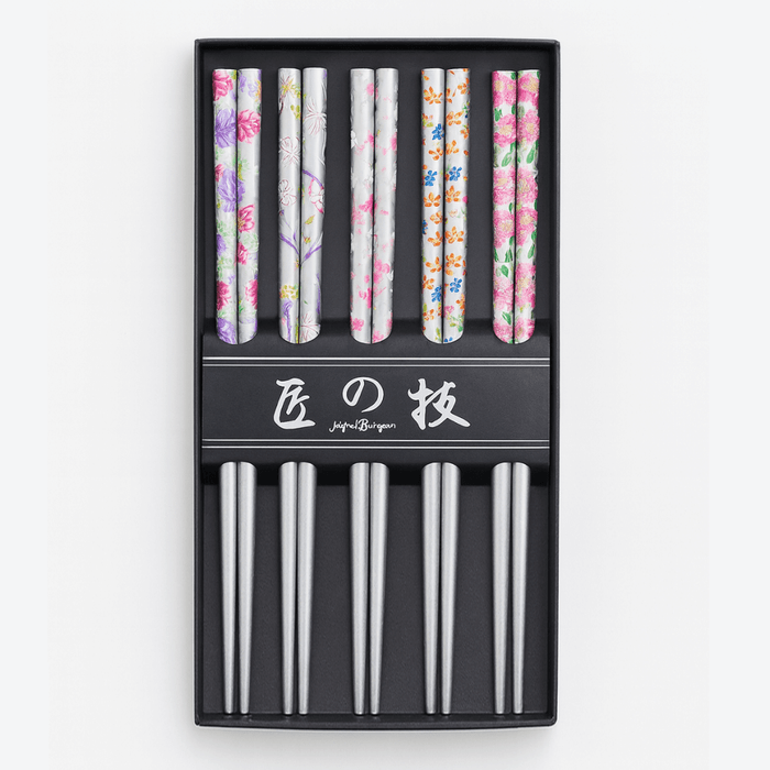 Bamboo Chopsticks Reusable Japanese Chinese Korean Wood Chop Sticks Hair Sticks 5 Pair Gift Boxed Set Dishwasher Safe, 9 inch (Silver-Flora)