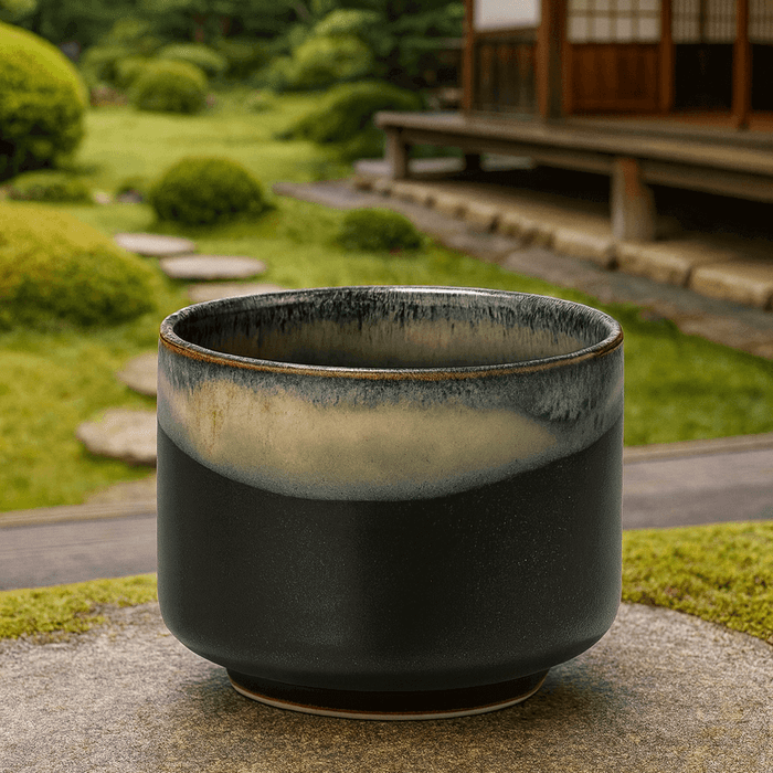 Japanese Ceramic Tea Cup Mocha Bowl – Dark Blue & White Lines, Made in Japan