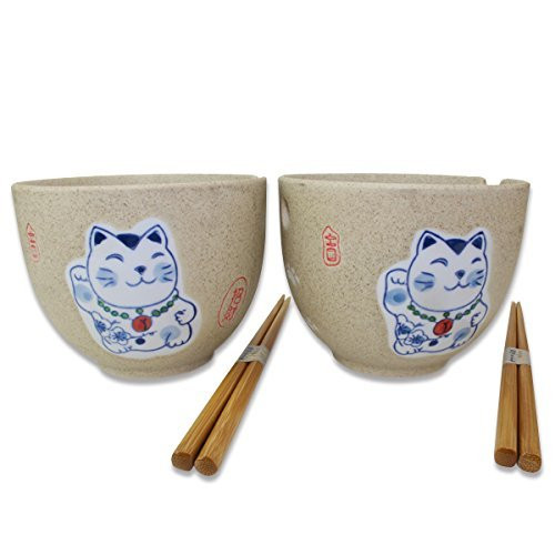 Set of 2 Porcelain Ceramic Bowls Chopsticks Maneki Neko Lucky Cats Design