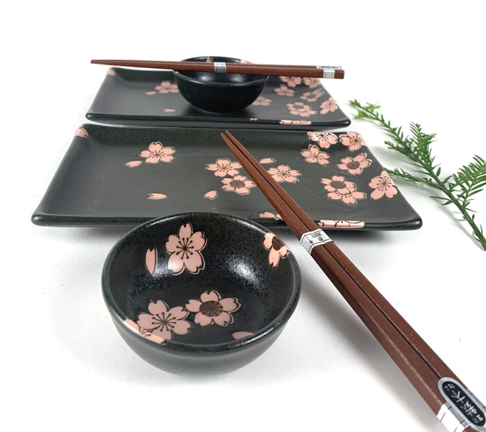 Japanese Porcelain Sushi Set with Cherry Blossom Pattern